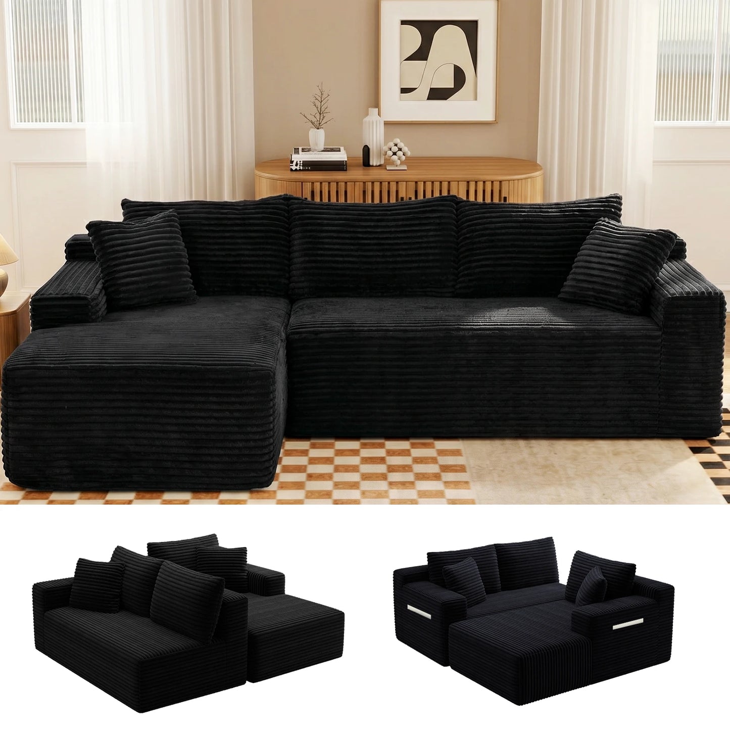 Black Corduroy Modular L-Shape Sectional Sofa With Chaise