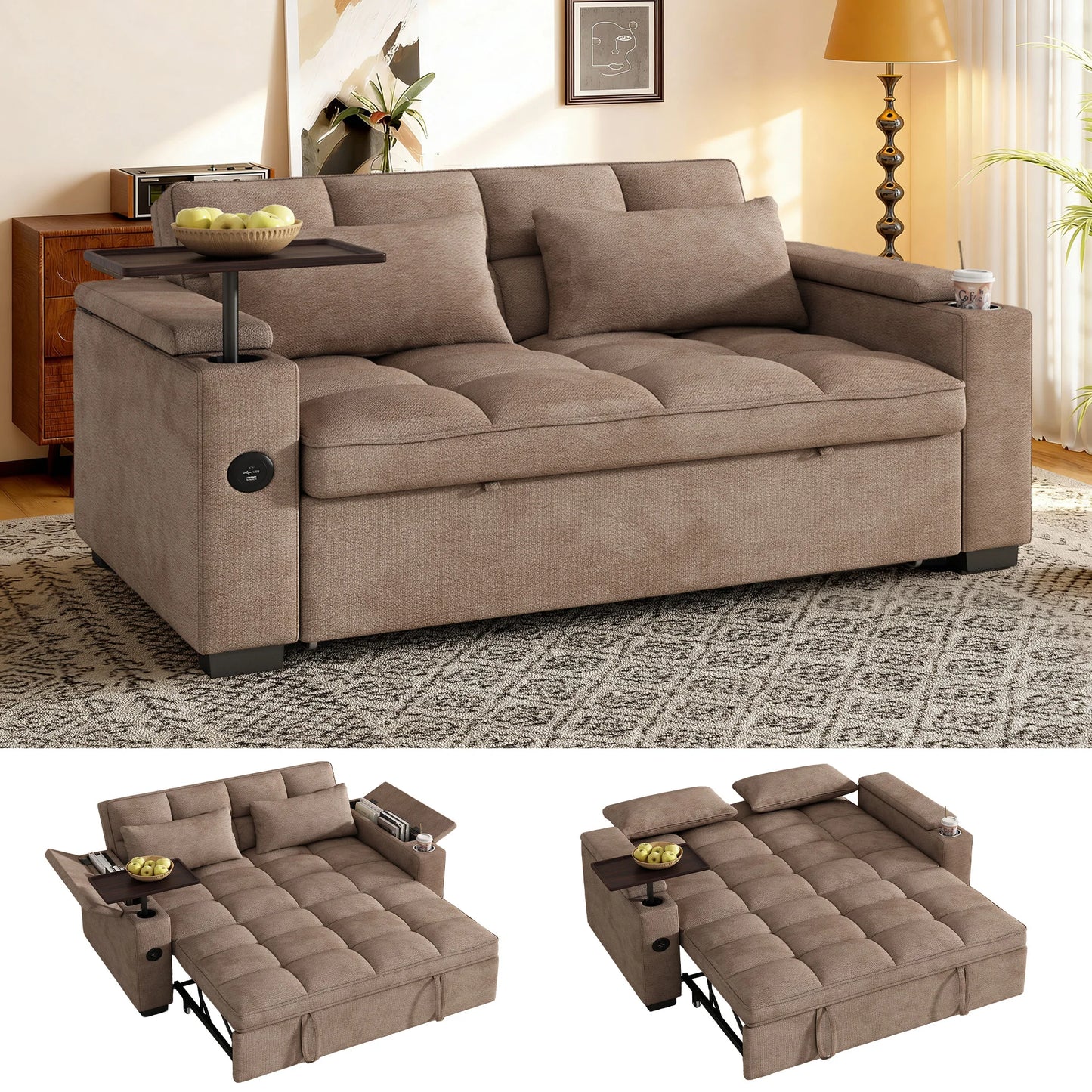 65 Inch Foldable Sofa Bed With Swivel Table And USB Charging