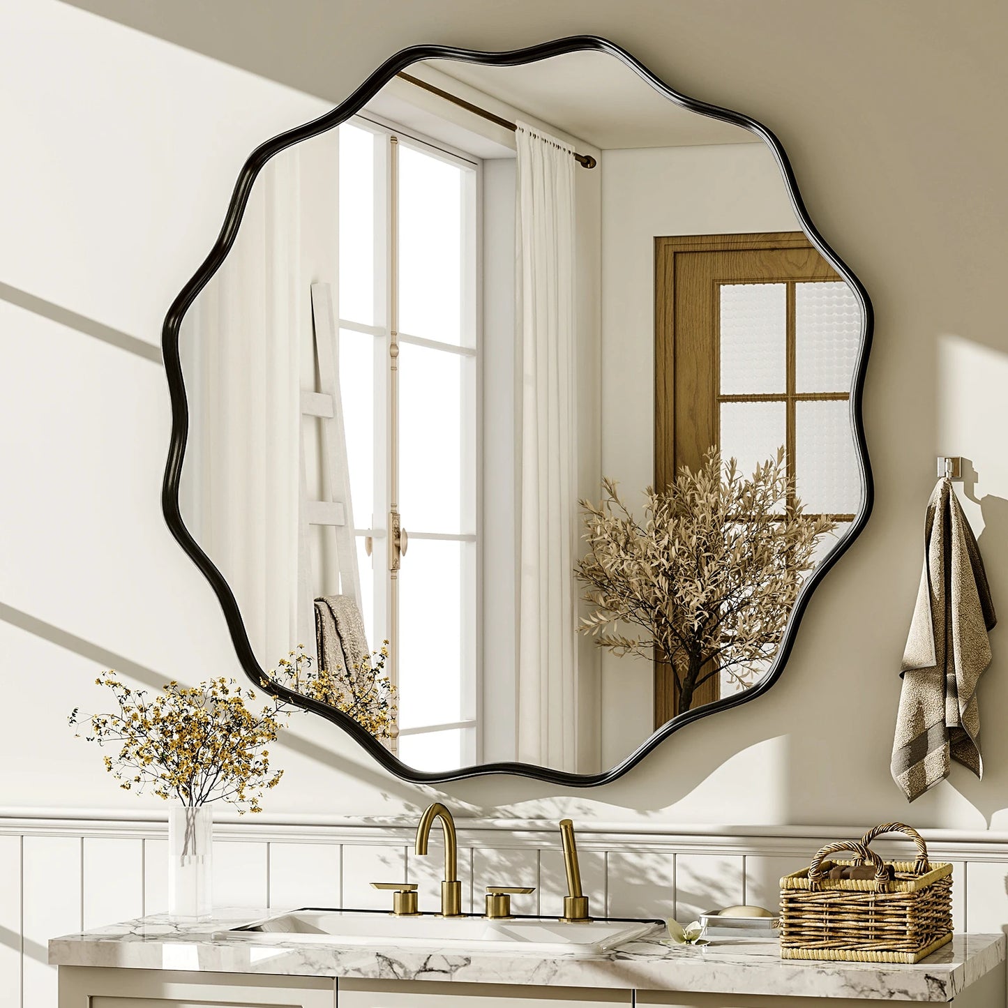 BEAUTYPEAK Wavy Round Decorative Wall Mirror With Deep Frame