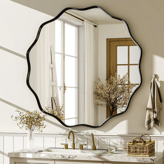 BEAUTYPEAK Wavy Round Decorative Wall Mirror With Deep Frame