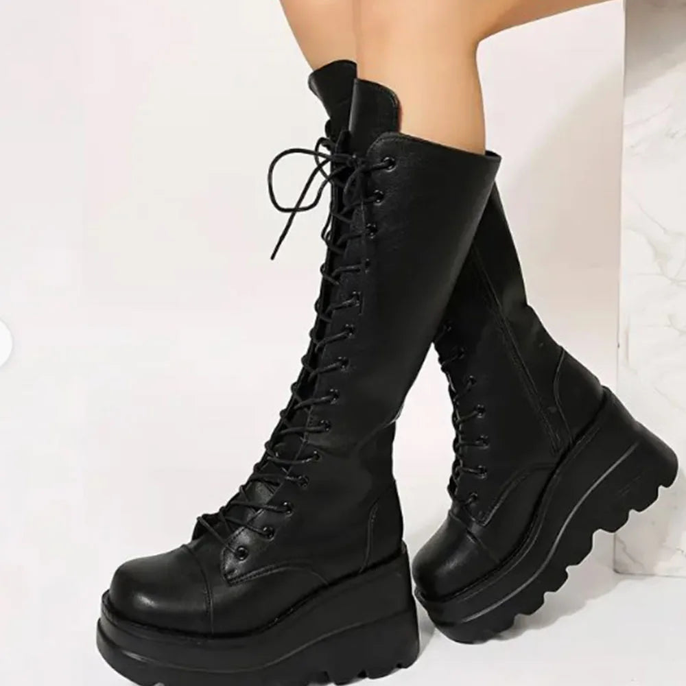 DoraTasia Gothic Lace Up Mid Calf Boots With Zipper