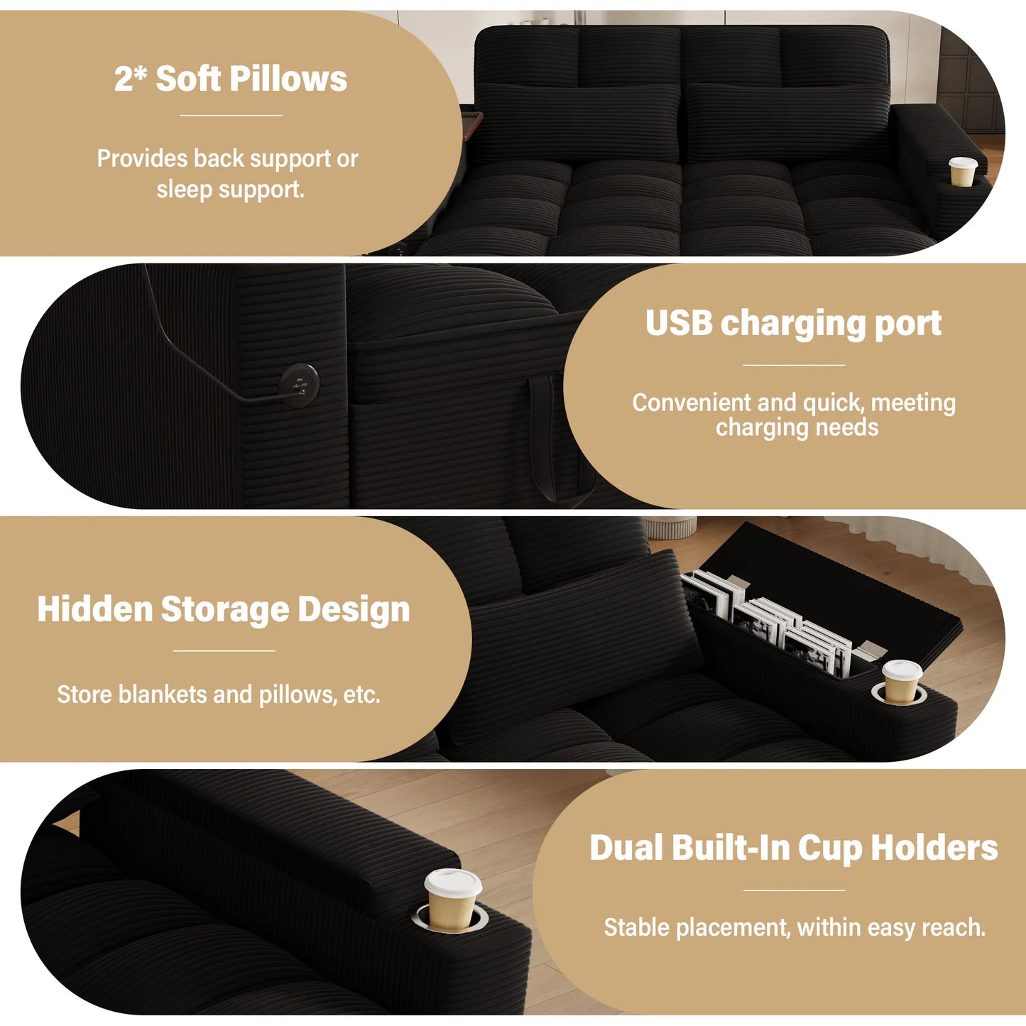 65 Inch Foldable Sofa Bed With Swivel Table And USB Charging