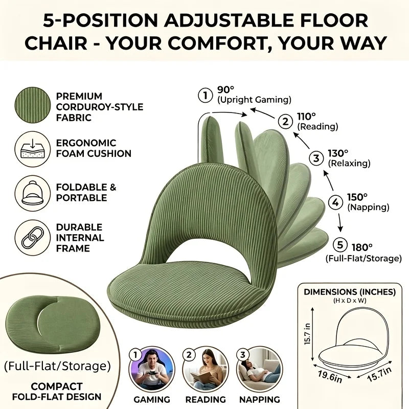 Adjustable Foldable Floor Chair With Backrest And Zipper