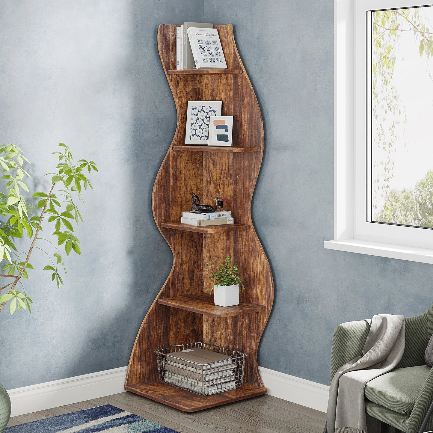 Tribesigns Rustic 5-Tier Corner Shelf Wall Bookcase For Living Room