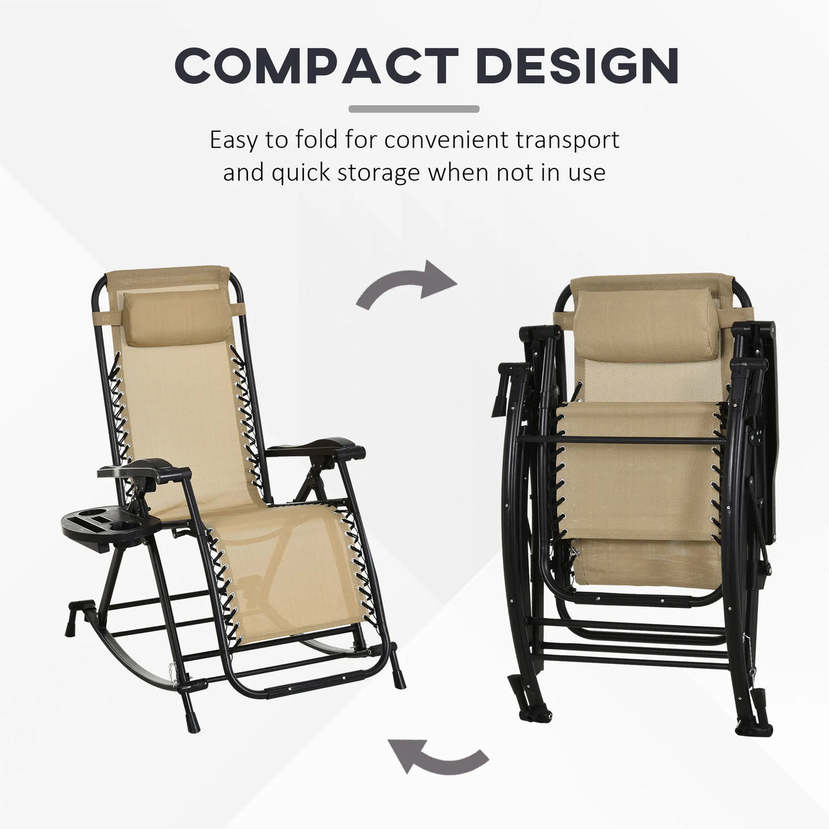 2 Pcs Folding Zero Gravity Reclining Rocking Chair, Pillow, Cup Holder, Beige