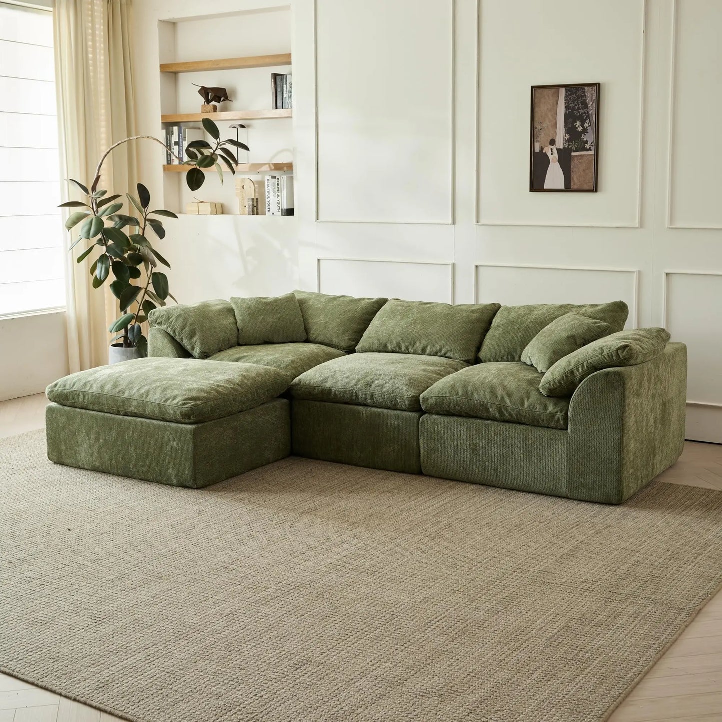 Yeflixvrau Modern L-Shaped 3-Seater Deep Seat Chenille Sofa With Ottoman