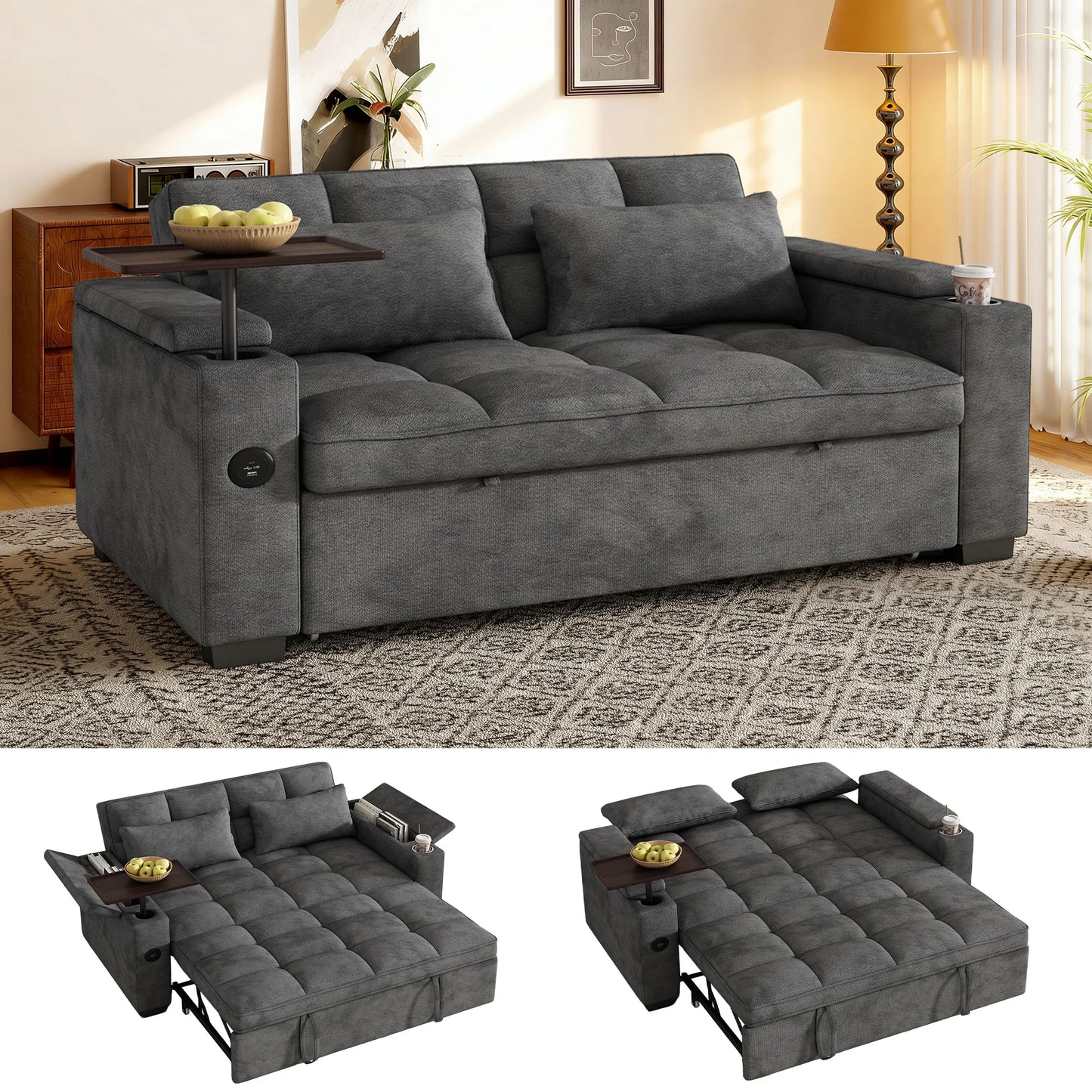65 Inch Foldable Sofa Bed With Swivel Table And USB Charging