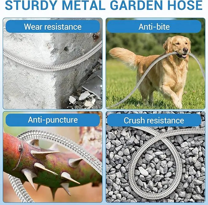 25Ft-150Ft Heavy Duty Stainless Steel Garden Hose with 10-Function Nozzle, No-Kink, Rust-Proof, Flexible & Lightweight Metal Water Hose Solid Brass 3/4'' Connectors for Yard, Outdoor, Car Washing