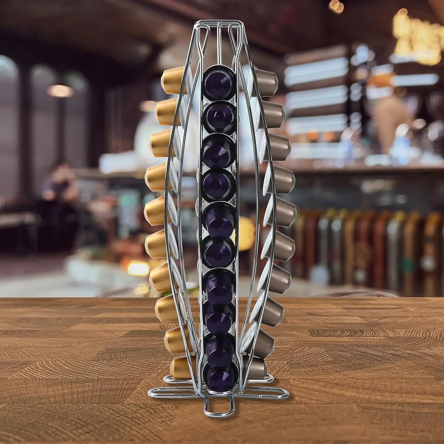 Lorena Rotating Coffee Pod Holder 40 Capsules Capacity Metal Coffee Capsule Storage Rack Stand Organizer Chrome Plated Coffee Pod Dispenser For Nespresso Capsules Kitchen Counter Coffee Station Accessories