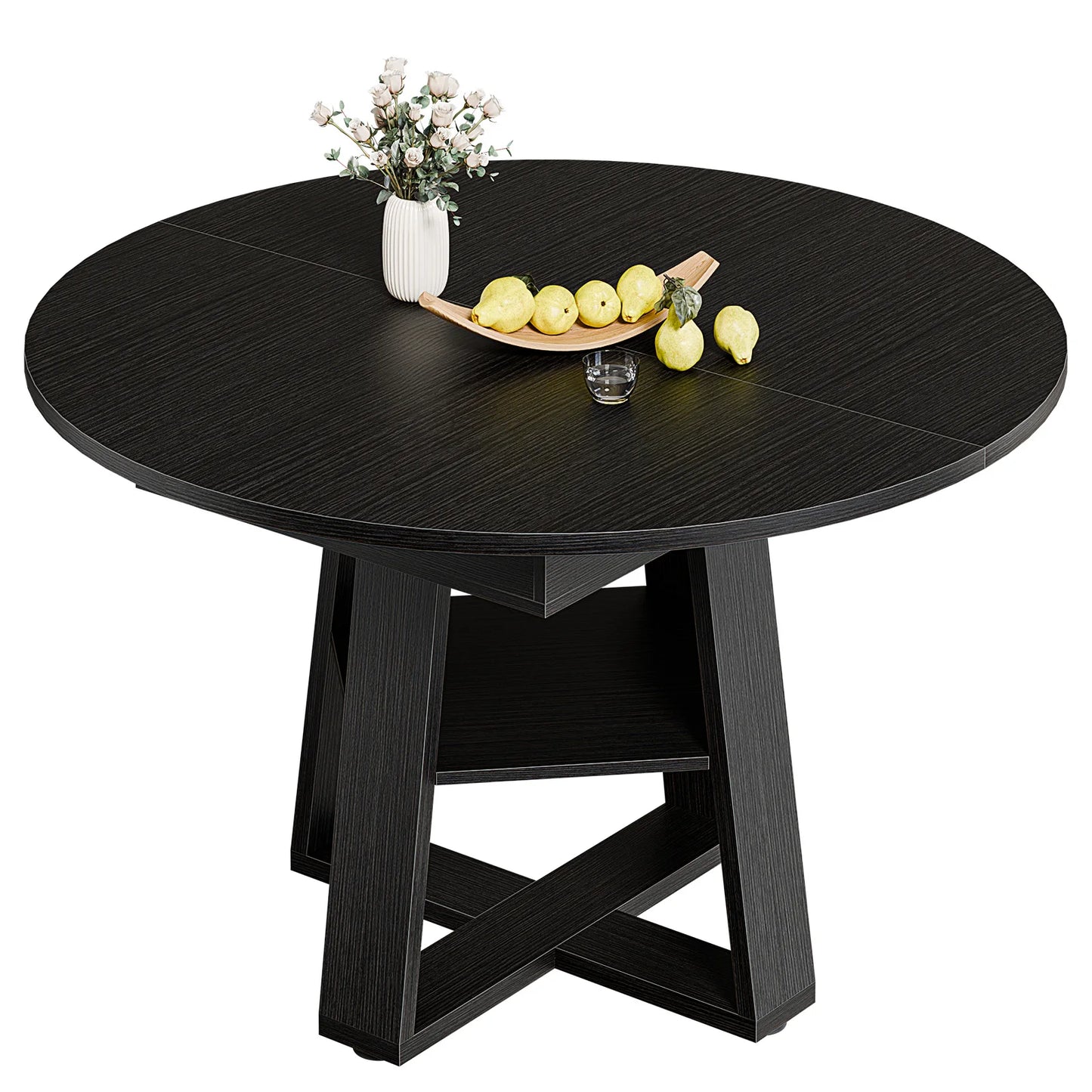 JHK Extendable Round Wood Dining Table With Storage