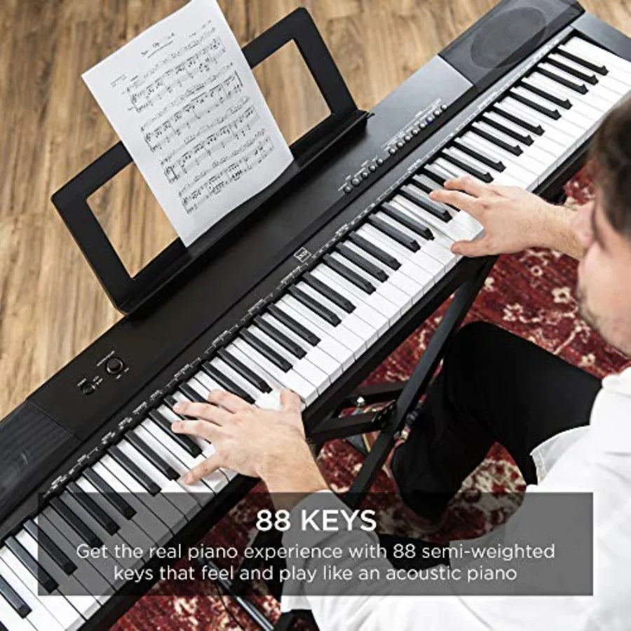 Digital piano for home practice and live performance: 88-key semi-weighted keyboard in black, with built-in speakers, 6 voice s