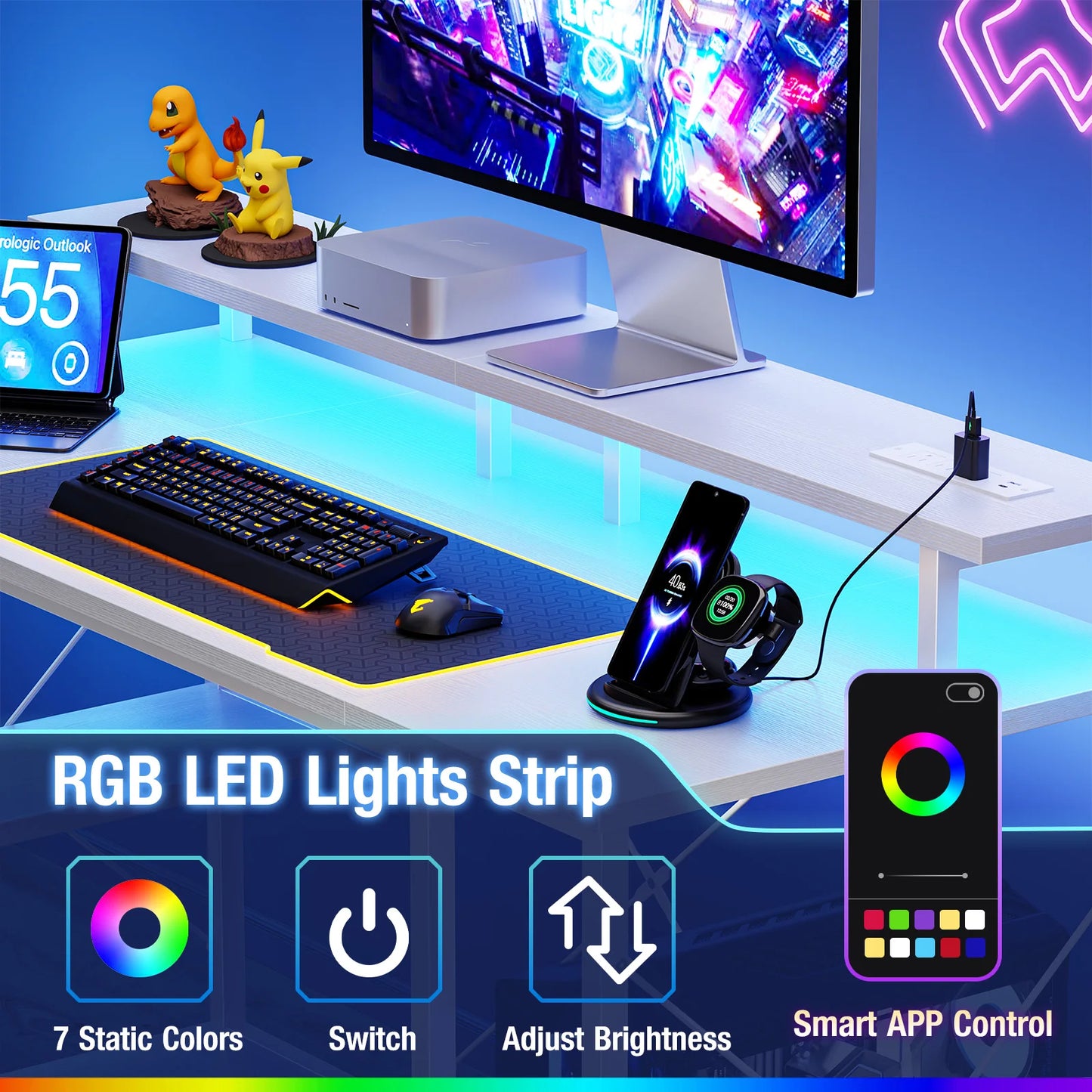 JHK 48 Inch Computer Desk With Shelves And Power Outlets