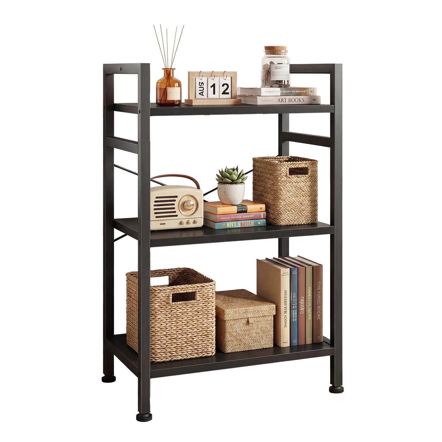 MCQ 3 Tiers Bookshelf Wooden Storage Standing Display Bookshelf Sturdy Structure Graduated Shelves Adjustable Feet for Home