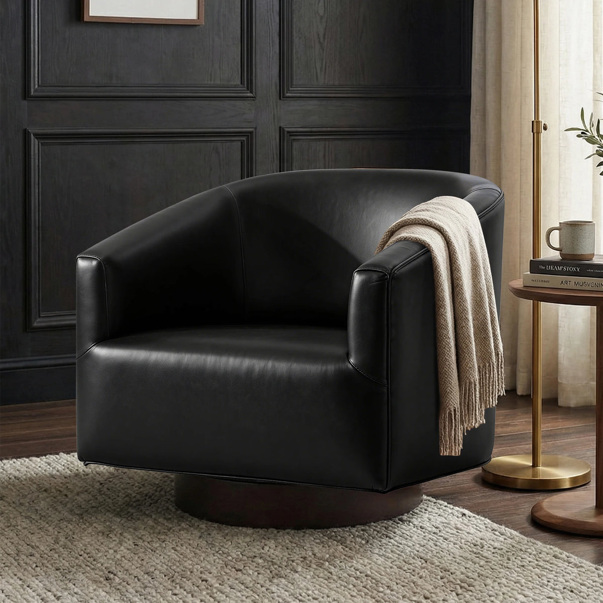 KERDOM Barrel Accent Chair, Modern Round Linen Arm Chair for Living Room, Bedroom, Comfy Club Reading Chairs for Adults, Black