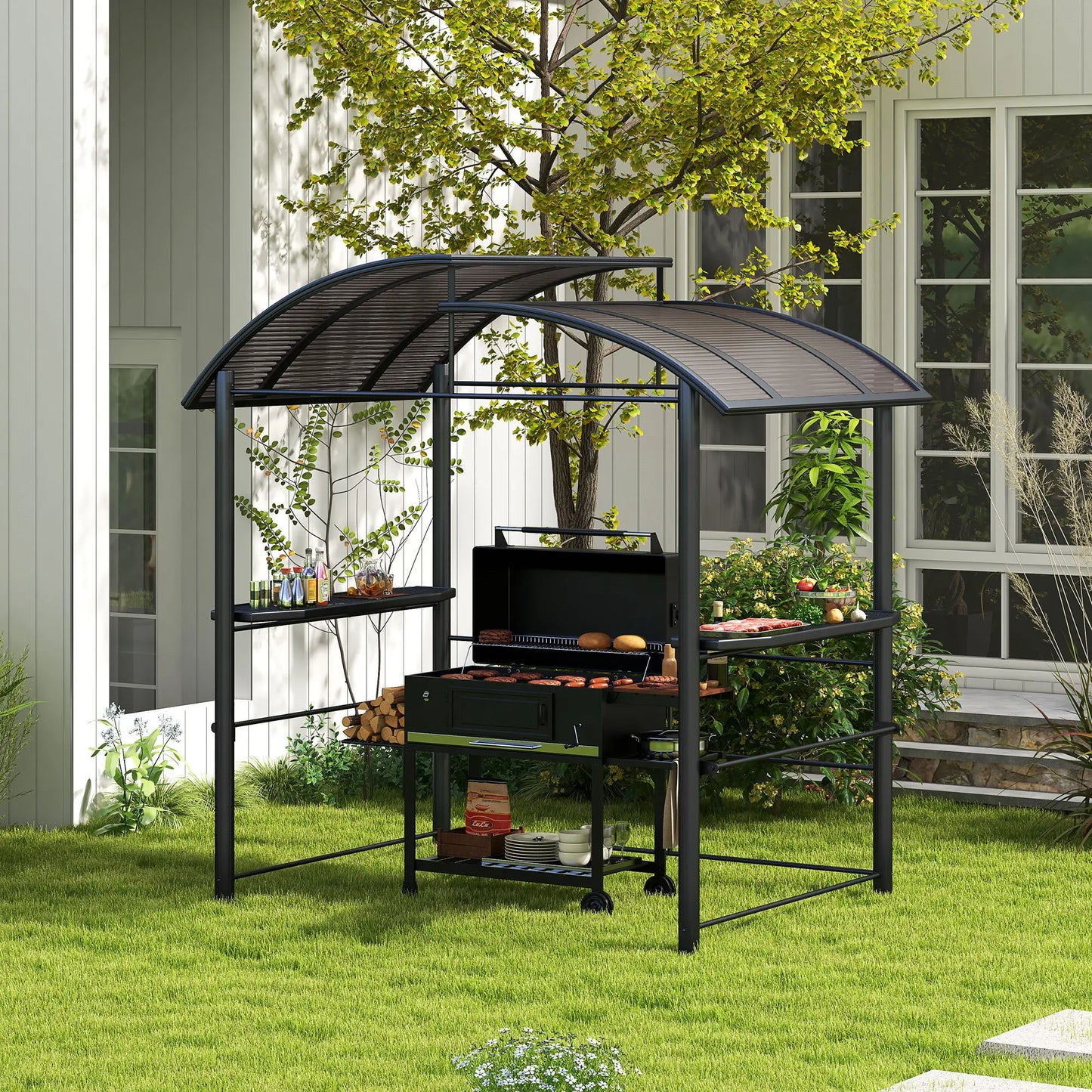 8' X 5' Outdoor Grill Gazebo Bbq Canopy with Vented Pc Roof, Side Shelves