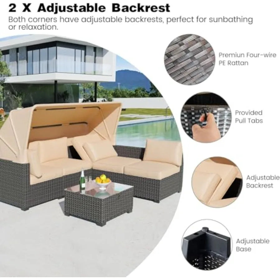 OLOEY Patio Furniture Set Wicker Sofa With Retractable Canopy