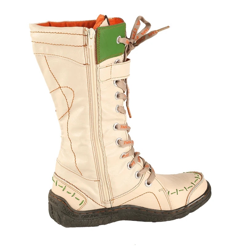 TMA EYES New Women'S Mid-Calf Boots Retro Handmade Lace-Up Winter Snow Boots Casual Warm Comfortable Footwear