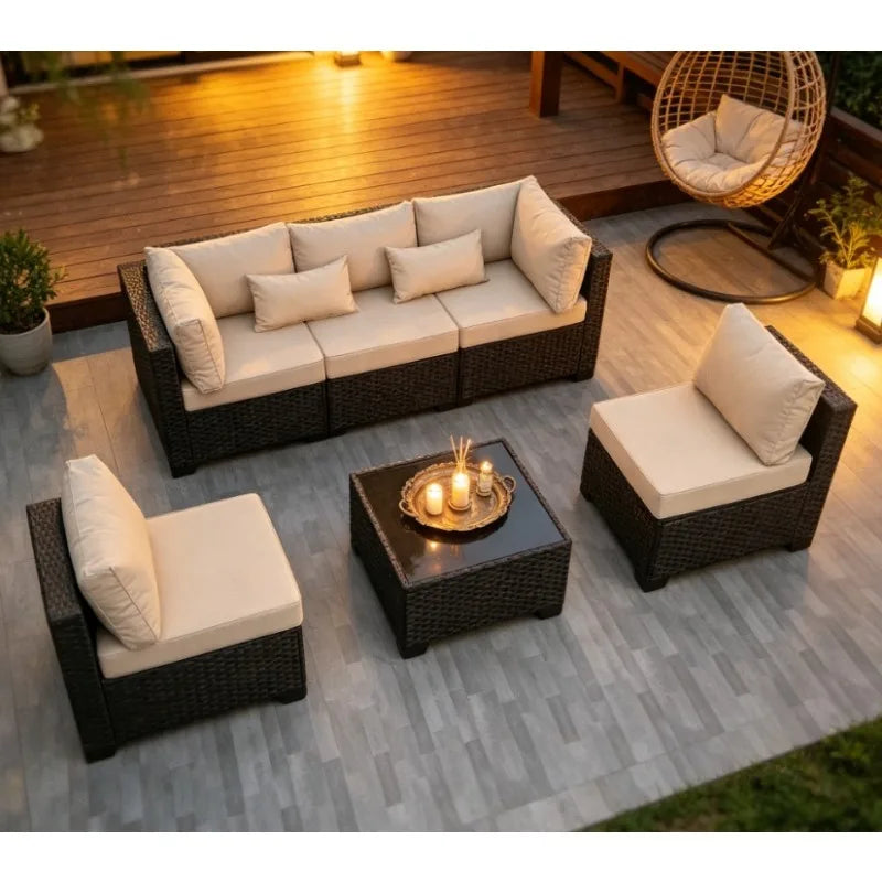 Rattaner All Weather Wicker Outdoor Sectional Set With Glass Table Cushions