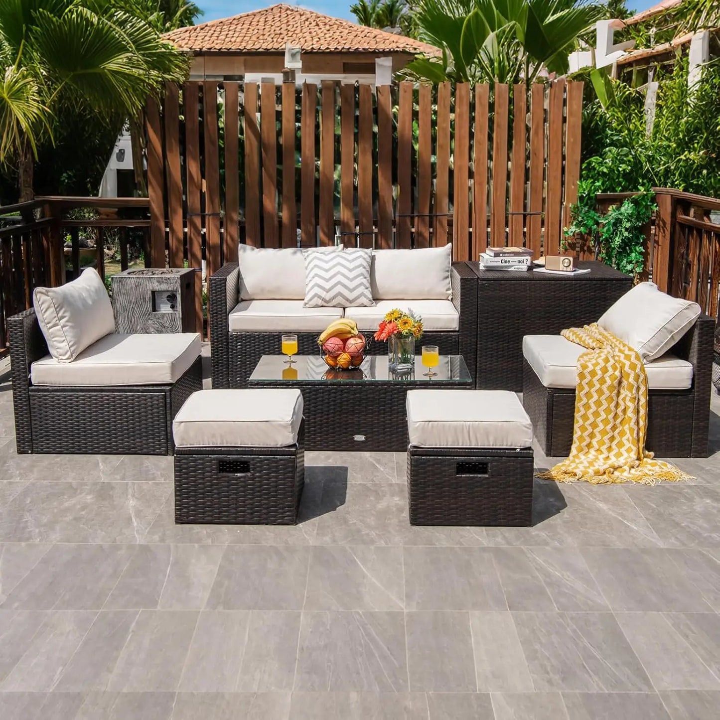 Rattan Outdoor Furniture Set With Glass Table And Storage Ottoman