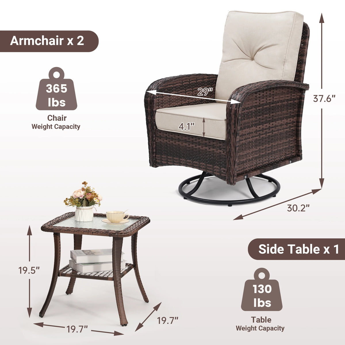 Tuarex Swivel Wicker Chair with Side Table Outdoor Patio Set