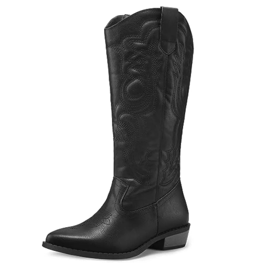 Women's Mid Calf Western Embroidered Cowboy Boots With Pull-On Pointed Toe
