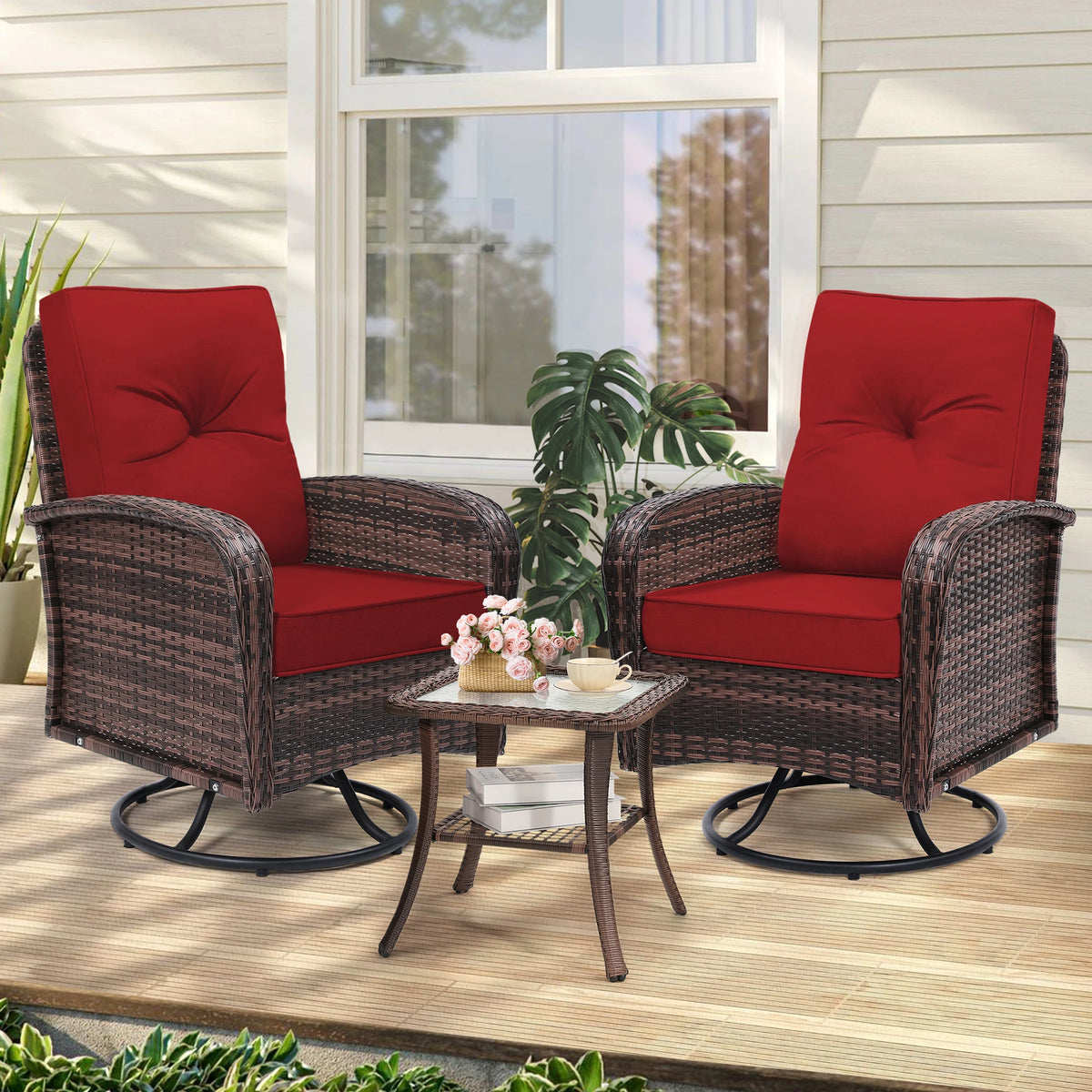 Tuarex Swivel Wicker Chair with Side Table Outdoor Patio Set
