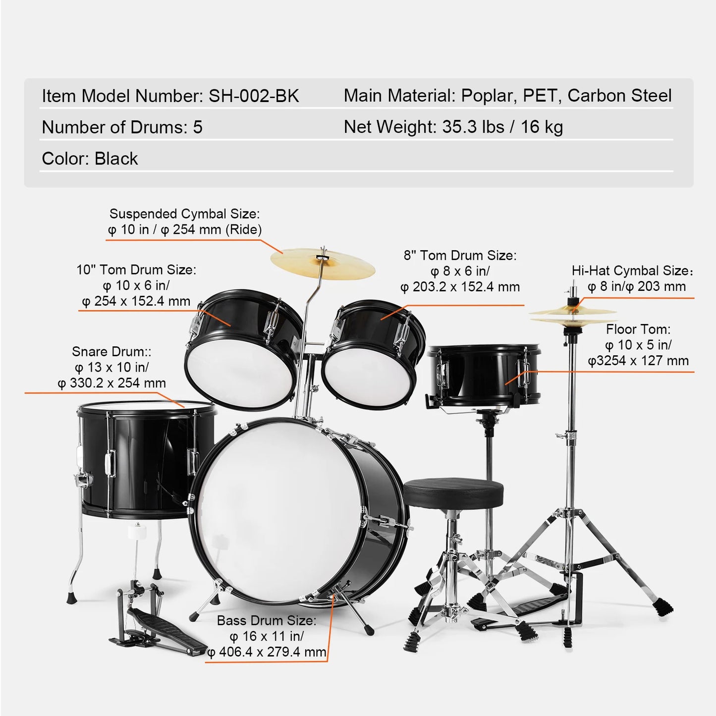 SucceBuy 5-Piece Kids Drum Set With Bass Toms Snare