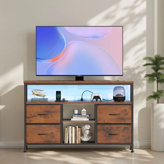 JHK Four Drawers TV Stand With LED Lights And Outlets