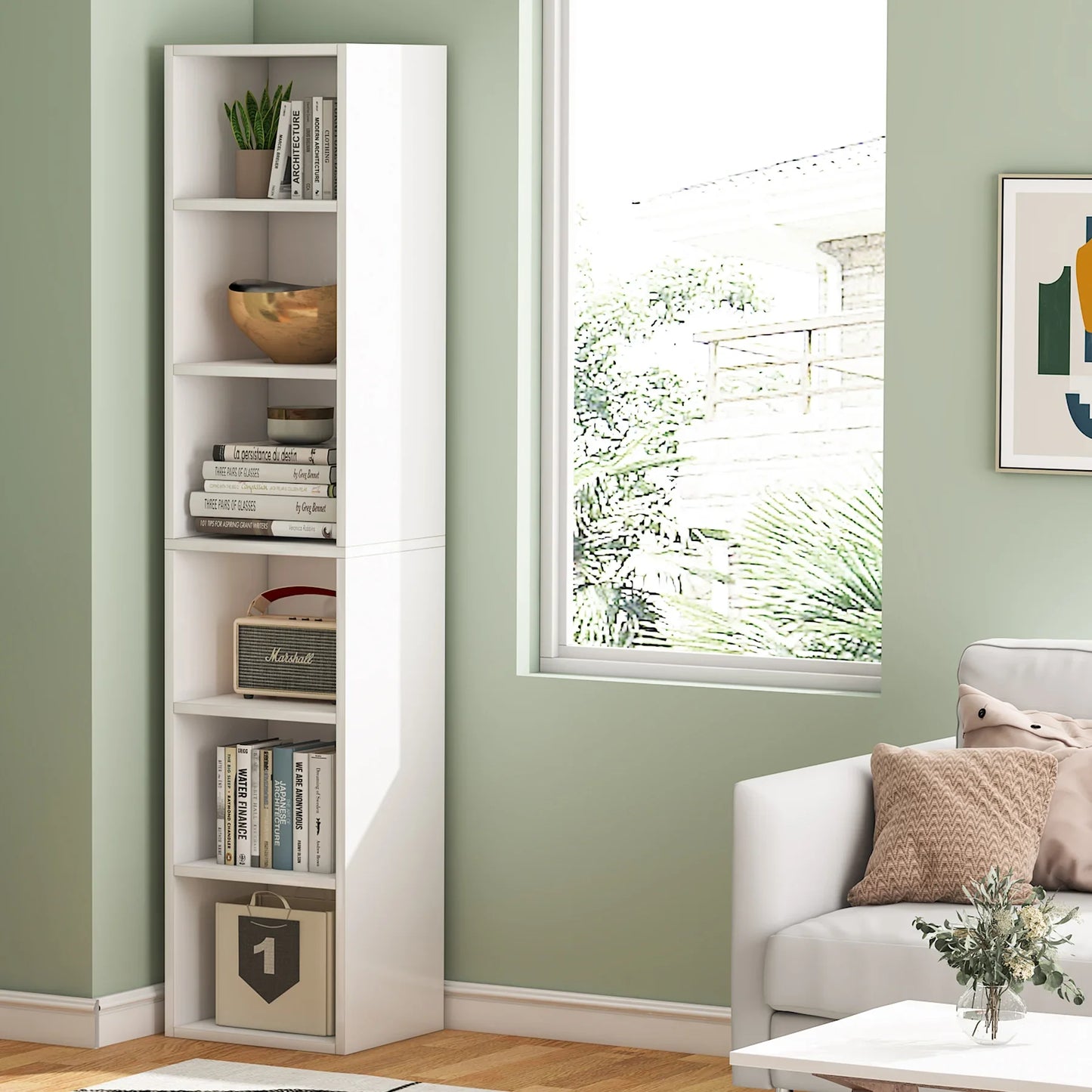 Tribesigns Narrow Corner Bookcase With Six Cube Display Shelves