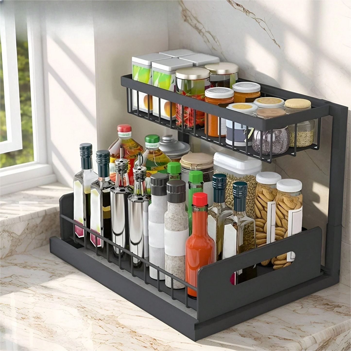 Under Sink Organizer Rack 2 Tier Under Sliding Cabinet Basket Organizer Drawer , Multi-Purpose Under Sink Storage For Bathroom Kitchen Desktop (Black)
