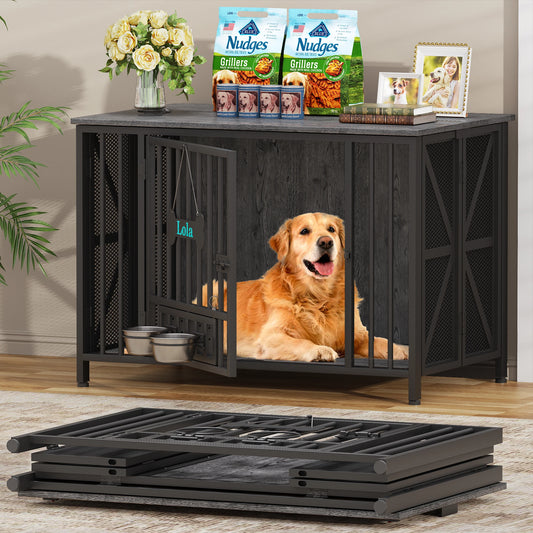Foldable Wooden Dog Crate Kennel For Indoor Use With Bowls