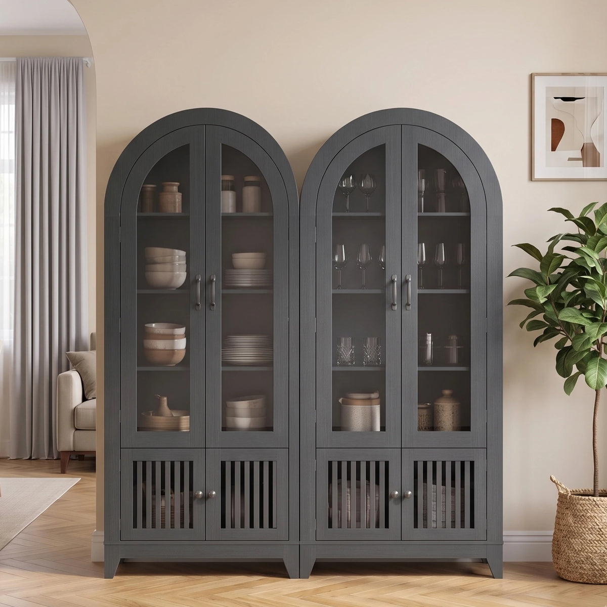 TCGBKAF Arched Kitchen Pantry Cabinet With Glass Door And Shelves