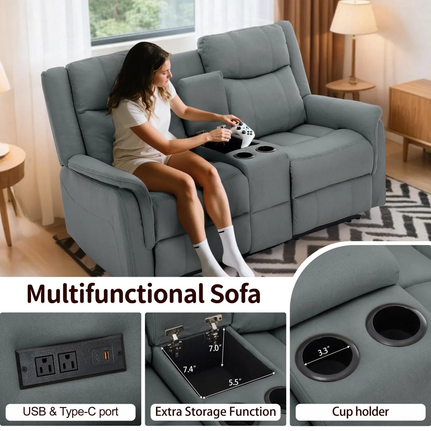 KORSER Two-Seater Loveseat Recliner With USB Ports And Cup Holders