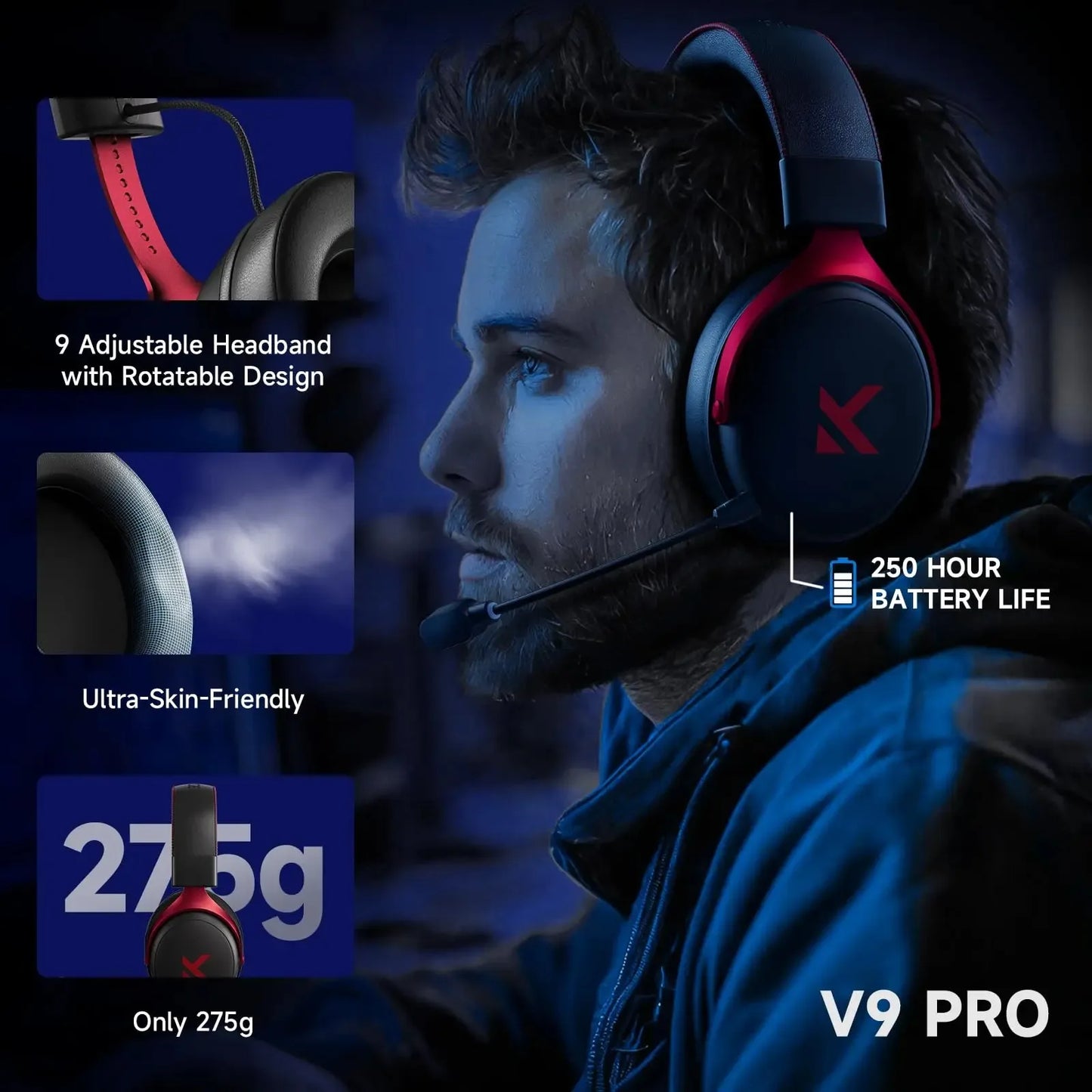 MCHOSE V9 Pro Wireless Gaming Headset 7.1Surround Sound Headphones Noise Canceling Mic Low Latency Lightweight for PS5 PC SWITCH