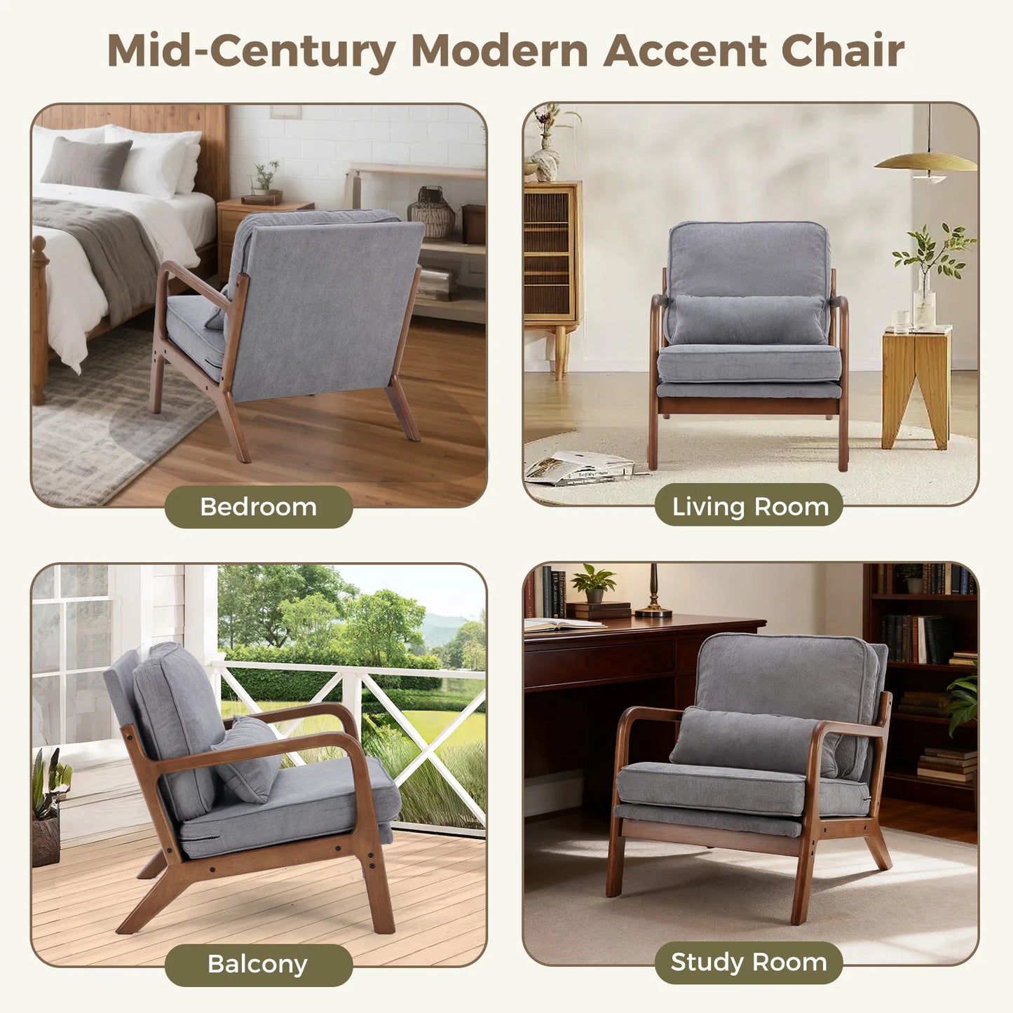 JHK Mid Century Modern Chair Solid Wooden Frame With Arms