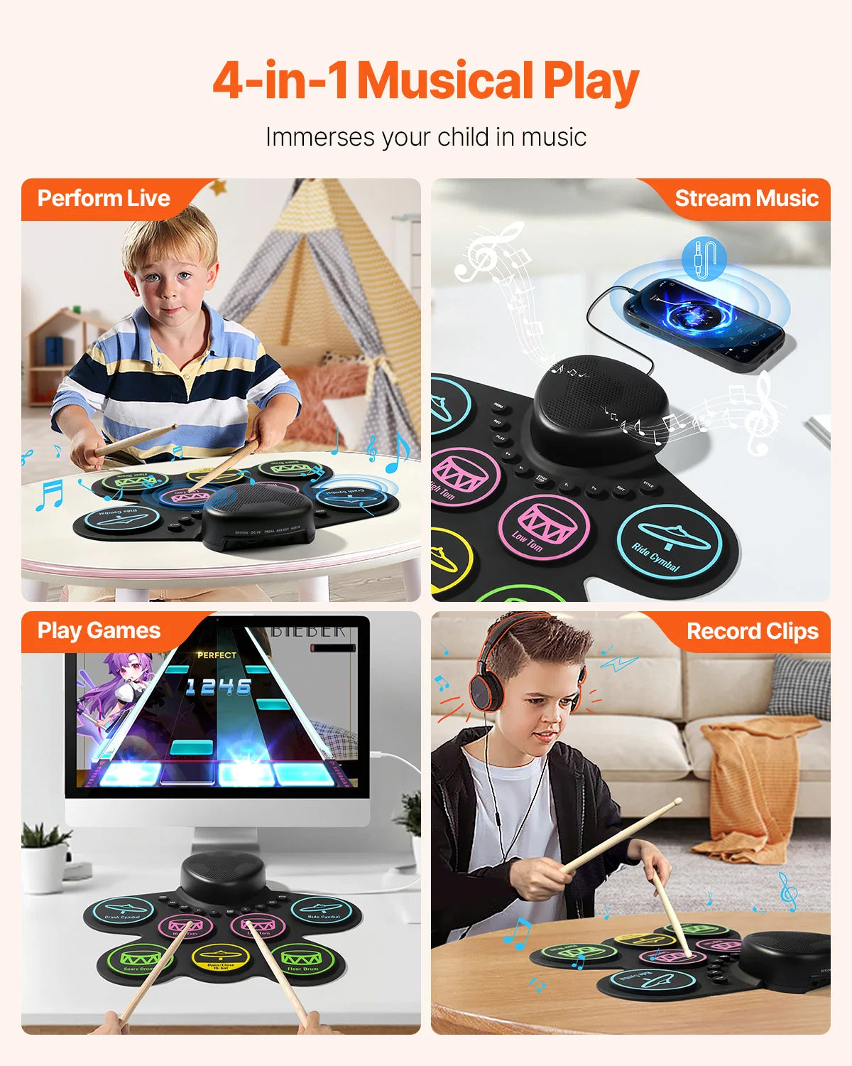 SucceBuy 7 Pad Roll Up Electronic Drum Set For Kids