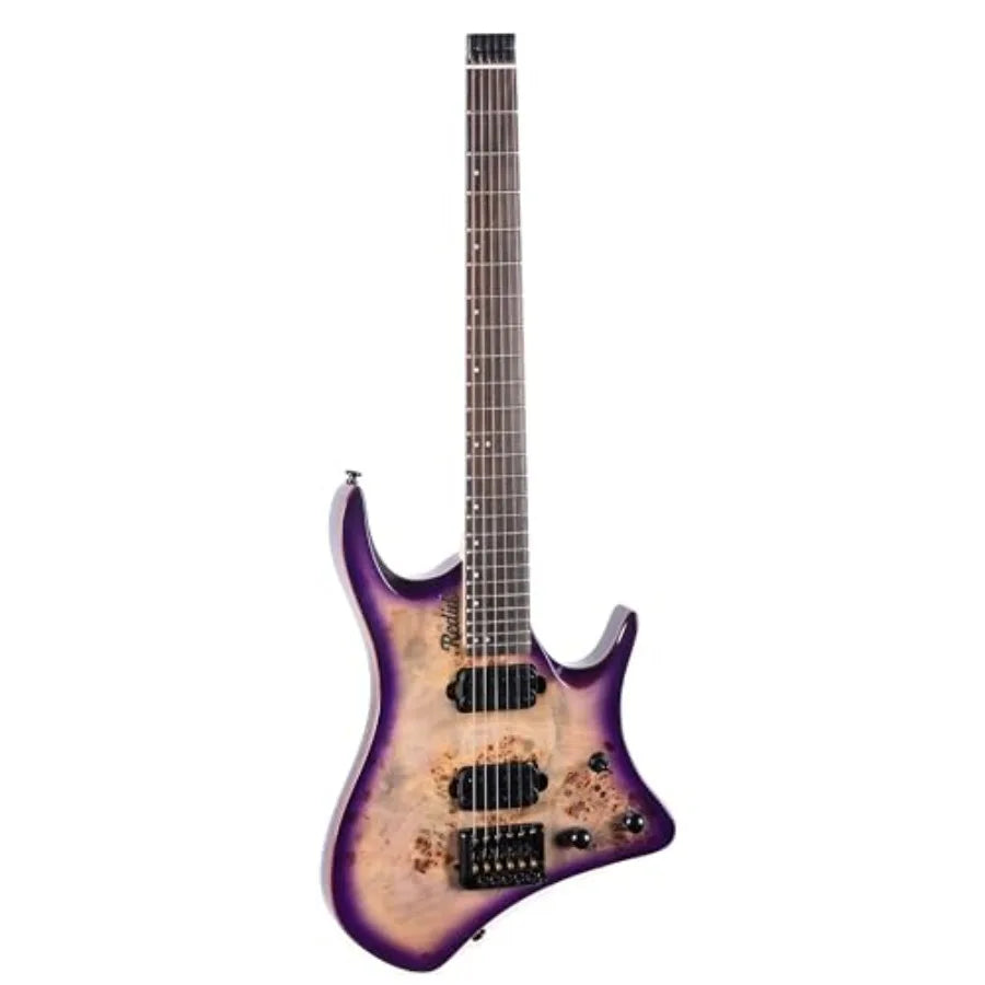 Travel electric guitar for on-the-go playing, mahogany body with maple neck, black finish, lightweight headless design with dua