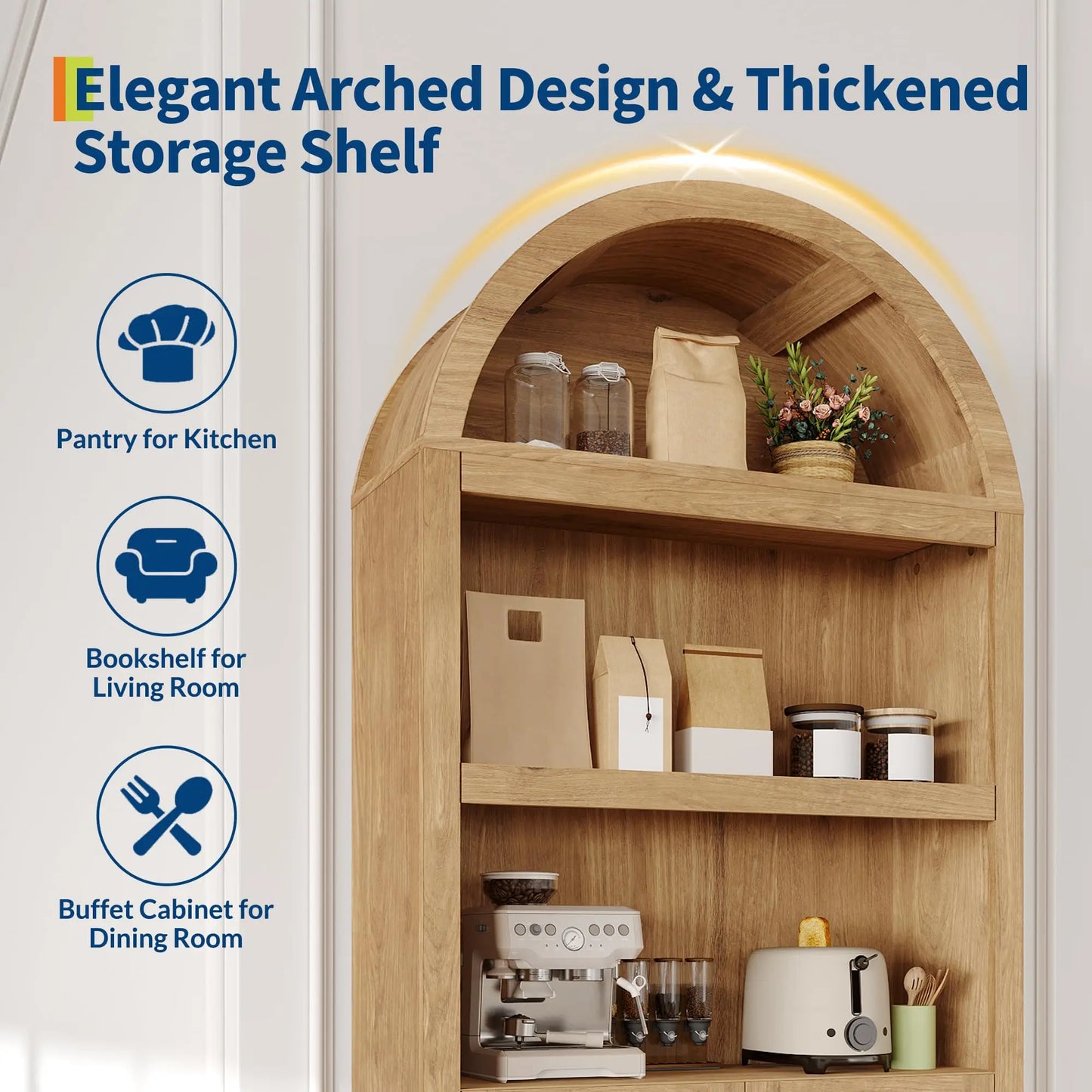 Arched Bookcase with Doors, 71 Inch Tall Storage Bookshelf with Cabinet and Shelves, Wooden Display Bookcase for Living Room, Home Office, White with Black Handles