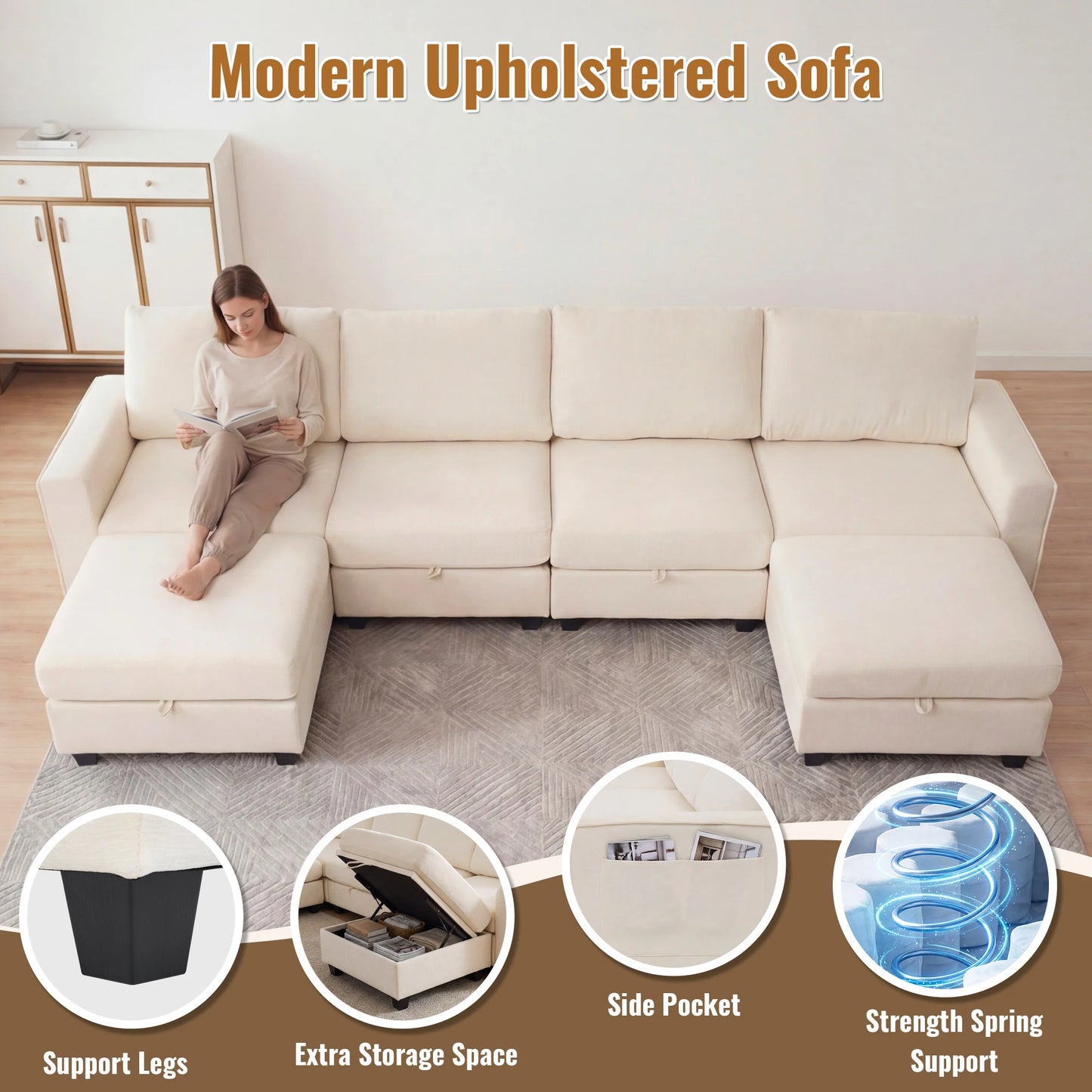 Modern Redlife U Shaped Sectional Sofa Set With Storage