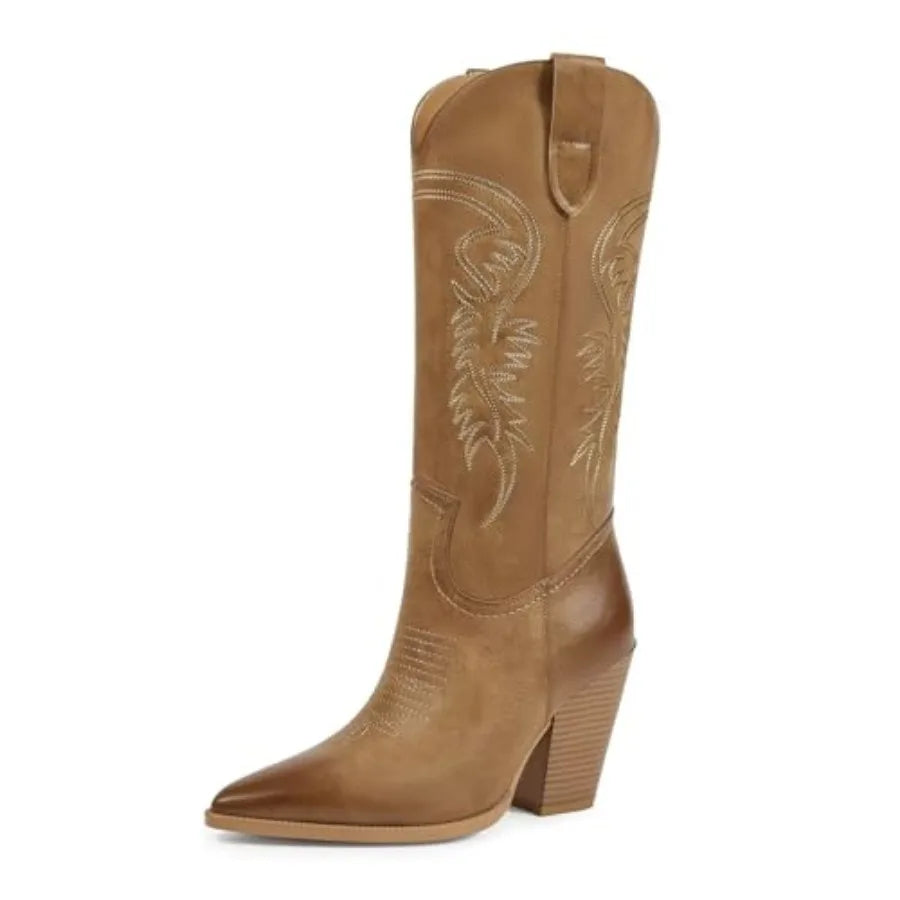 ISNOM Women's Pointed Toe Cowboy Boots Western Footwear
