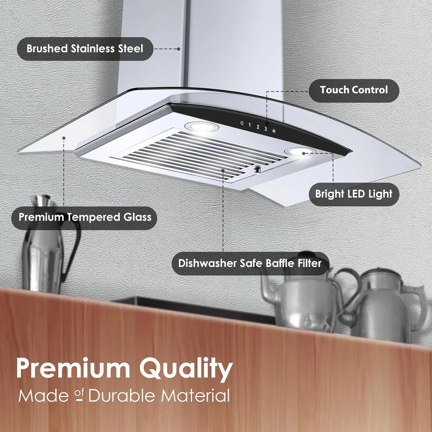 Tieasy Wall Mount Range Hood 450 CFM Convertible Duct Or Ductless