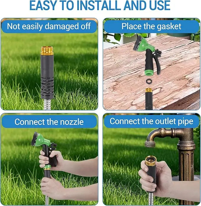 25Ft-150Ft Heavy Duty Stainless Steel Garden Hose with 10-Function Nozzle, No-Kink, Rust-Proof, Flexible & Lightweight Metal Water Hose Solid Brass 3/4'' Connectors for Yard, Outdoor, Car Washing