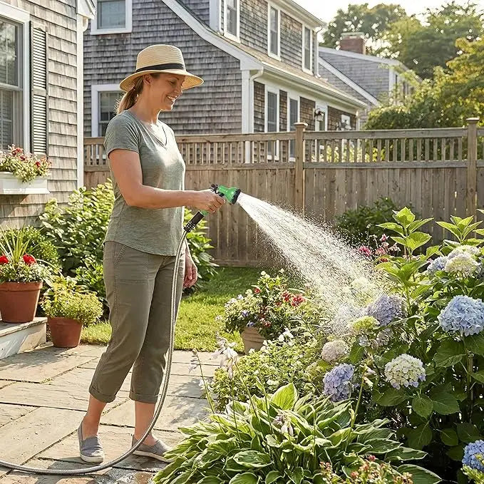 25Ft-150Ft Heavy Duty Stainless Steel Garden Hose with 10-Function Nozzle, No-Kink, Rust-Proof, Flexible & Lightweight Metal Water Hose Solid Brass 3/4'' Connectors for Yard, Outdoor, Car Washing