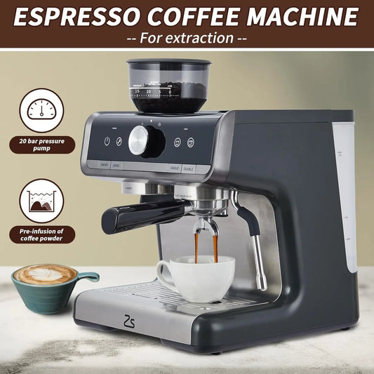Acekool Espresso Machine With Grinder And Milk Frother Steam Wand 20 Bar