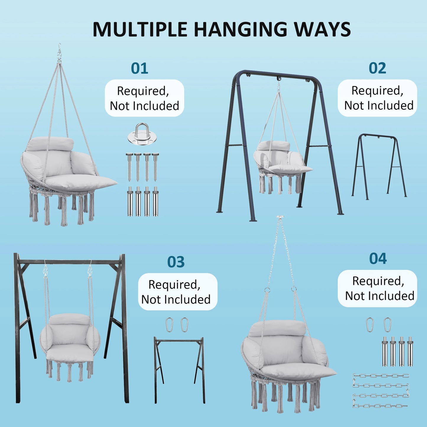 None Gray Outdoor Hanging Hammock Chair With Macrame Cushion