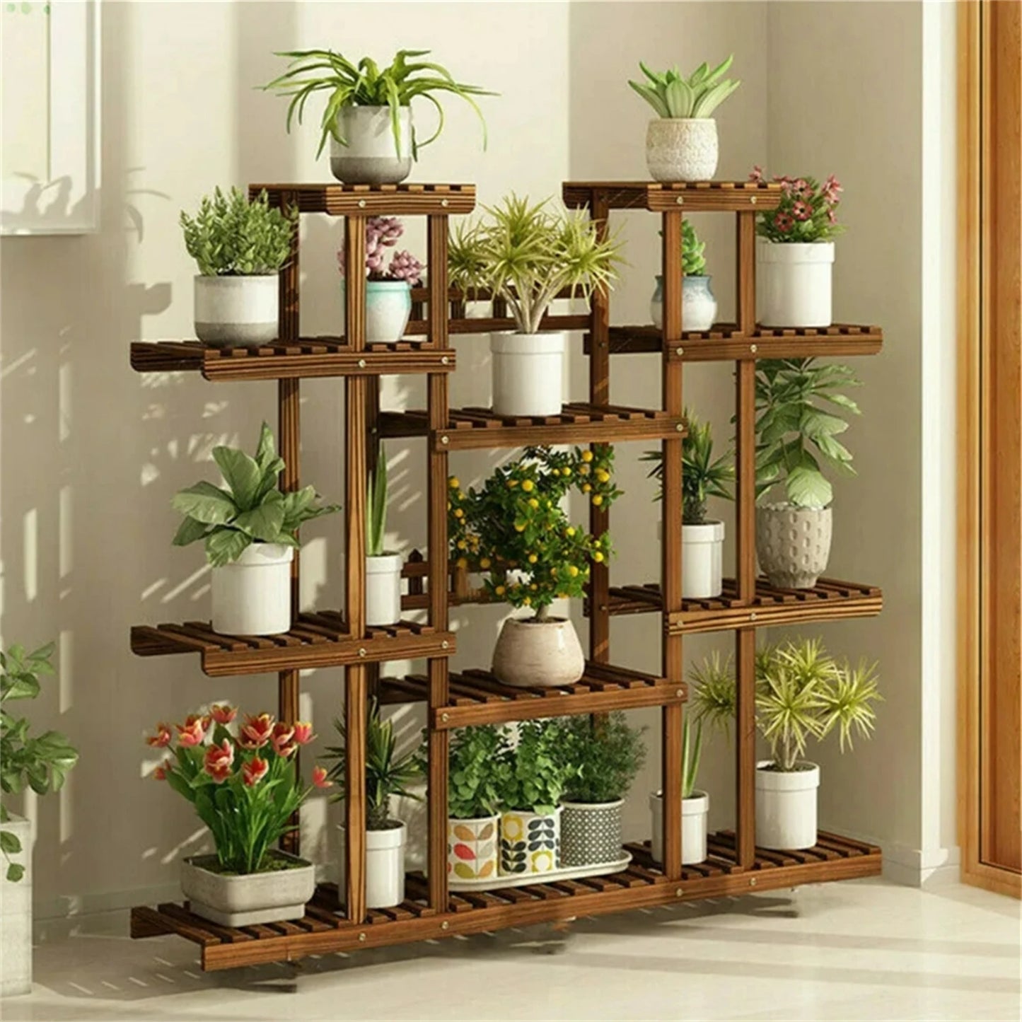 Wooden 11-Tier Plant Stand Carbonized For Indoor And Outdoor