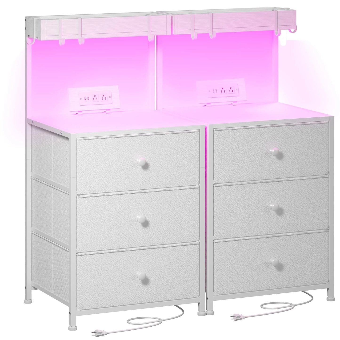 EnHomee 2 Pack Nightstands, LED RGB Bedside Table with Charging Station, 3 Fabric Drawers Side Table with Shelf & Hooks for Bedroom Entryway Closet