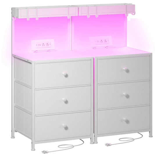 EnHomee 2 Pack Nightstands, LED RGB Bedside Table with Charging Station, 3 Fabric Drawers Side Table with Shelf & Hooks for Bedroom Entryway Closet