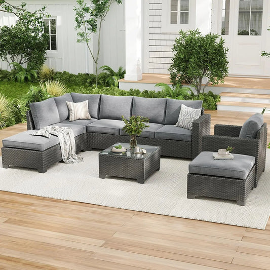 Patio Sectional Sofa Set With Ottoman, Water-Oil-Stain-Resistant Fabric