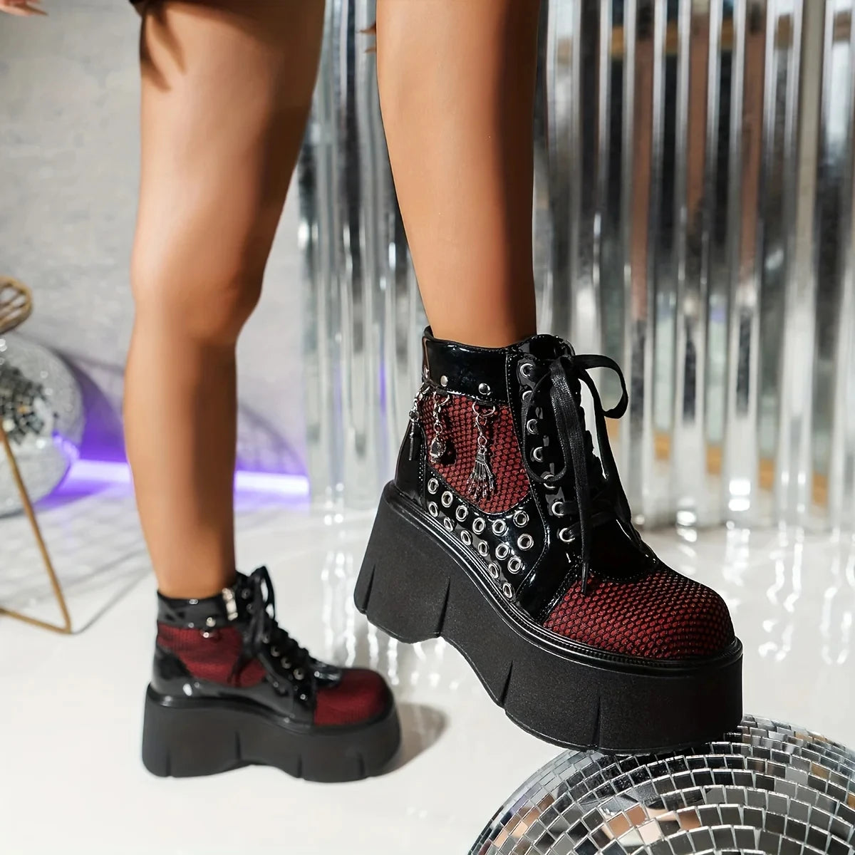 Women's Punk Goth Platform Boots With Chain Details